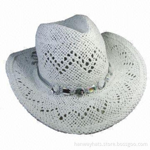 White Cowboy Straw Hat, Open Weave Paper with Stone Trim